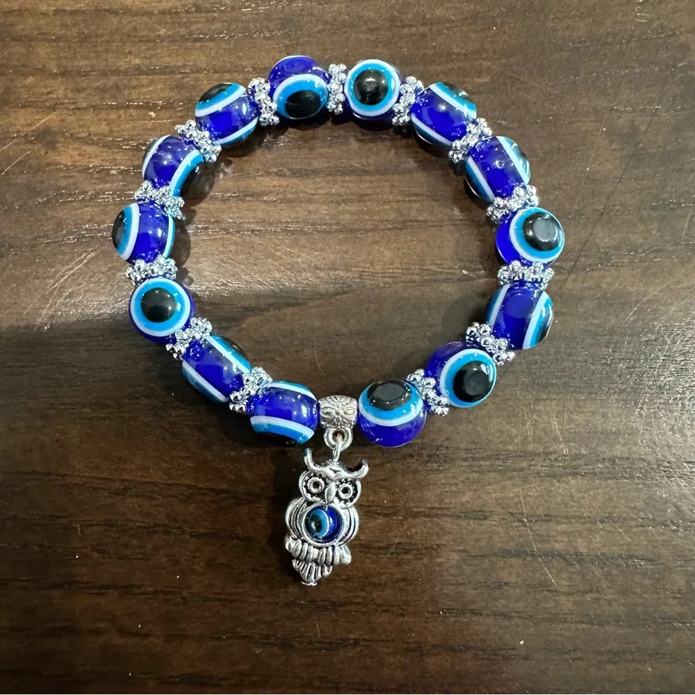 Evil Eye Beaded Stretch Bracelet with Silver-Tone Owl Charm